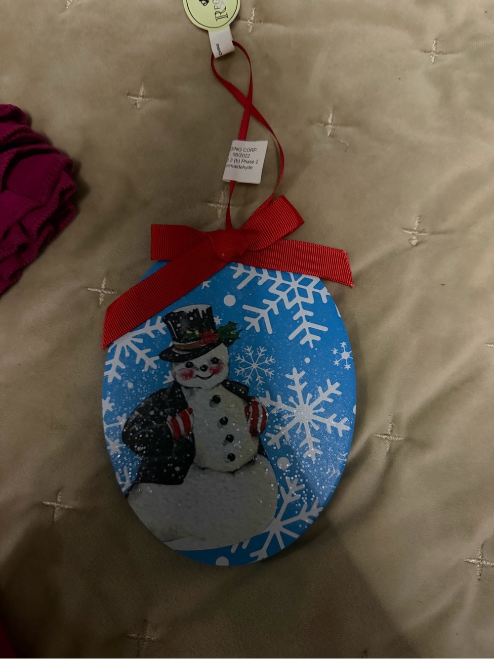 Holiday Snowman Ornament - Blue with Red Bow
